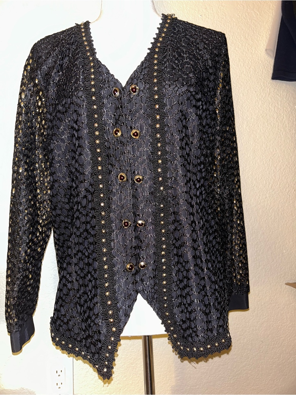 Vintage black Lace Mesh Button-Front Women's Blazer Jacket Gold stud detail